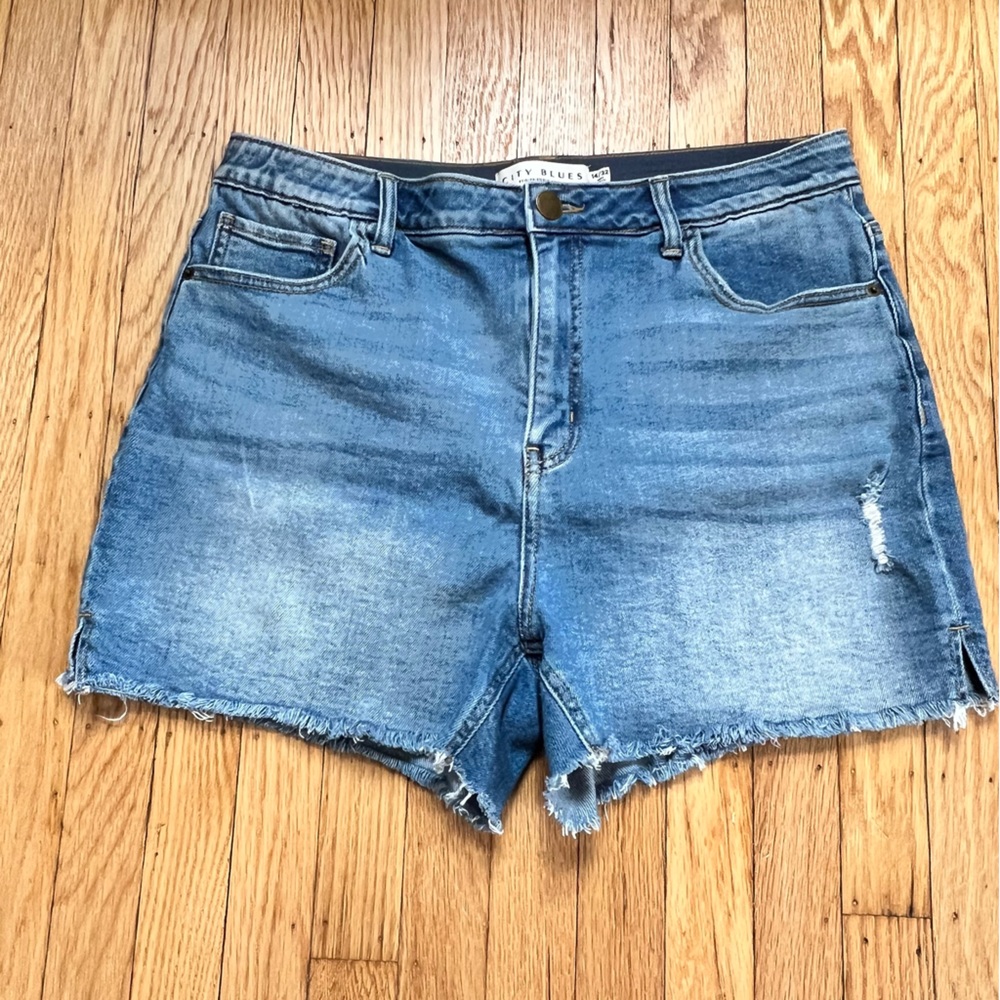 City Blues High Rise Distressed Cut Off Denim Shorts with Side Slit